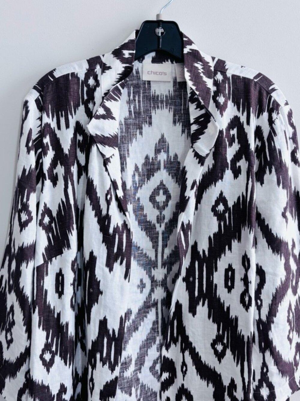 Chico's 100% Linen Topper Jacket Sz 2 L Large Brown White Ikat Boho Lagenlook - Picture 7 of 8